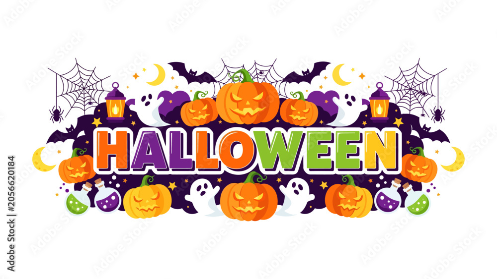 Fototapeta premium Halloween Themed Graphic: A vibrant graphic design celebrates Halloween with a festive arrangement of pumpkins, ghosts, bats, and crescent moons, all surrounding the word HALLOWEEN in a playful.