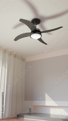 Modern Black Ceiling Fan Rotating in Bright Minimalist Room, Vertical 4K Video