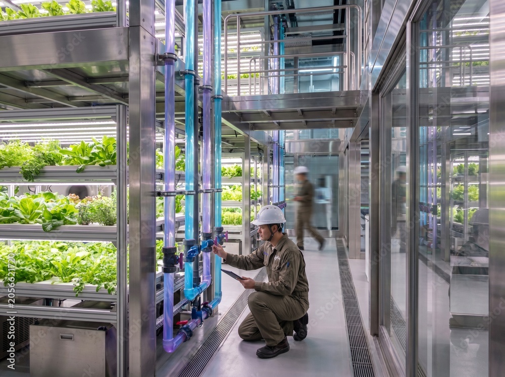 Fototapeta premium Man in white hard hat inspecting hydroponic system in indoor vertical farm with rows of leafy greens.