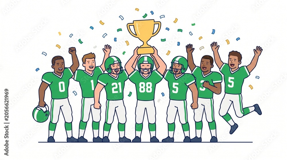 Fototapeta premium Group of professional football players in green uniforms celebrating their championship victory by raising a golden trophy cup amidst falling confetti celebration