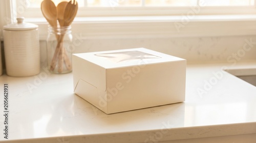 A modern square cardboard cake box with a clear window on a white kitchen counter