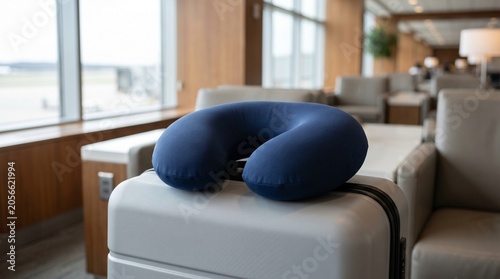 A blue U-shaped travel neck pillow resting on top of a white suitcase in a bright airport departure lounge