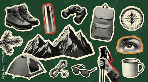 Mountain camping collage with hiking boots, tent and outdoor gear on green background for adventure travel design