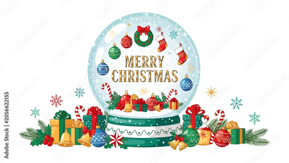 Fototapeta premium Christmas Snow Globe Celebration: A festive snow globe filled with holiday cheer, surrounded by brightly wrapped gifts, candy canes, and sparkling snowflakes.