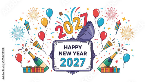 Canvas Print Happy New Year 2027 Celebration: A vibrant illustration of New Year's Eve celebration with fireworks, balloons, champagne, and gifts, marking the arrival of 2027 with joy and excitement