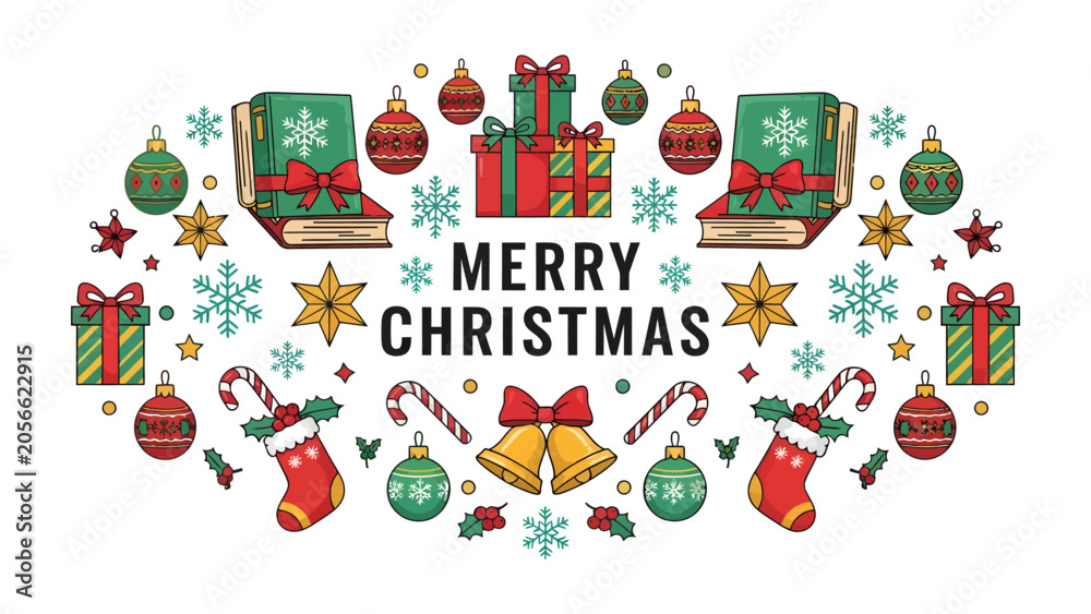 Fototapeta premium Merry Christmas Collection: A whimsical illustration depicting classic Christmas motifs, including gifts, ornaments, stockings, bells, snowflakes, and books.