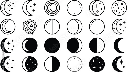 Canvastavla Moon phases icons set with crescent and full moon shapes including outline and solid vector moon silhouettes