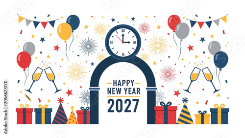 Tableau sur toile New Year's Eve Celebration 2027: Ring in the new year with a festive scene featuring balloons, confetti, gifts, and champagne flutes, all under an archway with a clock striking midnight