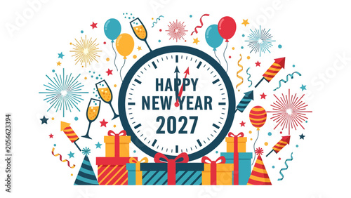 Photography Happy New Year 2027 Celebration with Gifts and Fireworks: A vibrant illustration depicts a festive New Year's Eve celebration for 2027, complete with a clock nearing midnight, sparkling fireworks