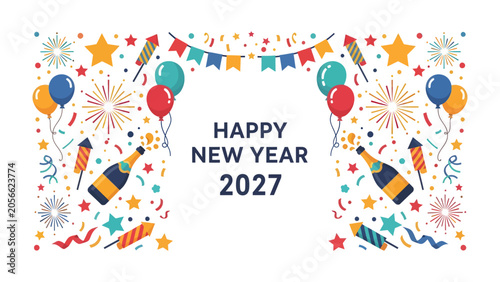 Photography Happy New Year 2027 Celebration: A vibrant and festive illustration capturing the excitement of New Year's Eve with fireworks, balloons, confetti, champagne bottles, and celebratory banners