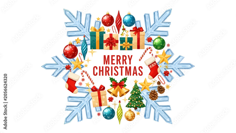 Fototapeta premium Snowflake of Holiday Cheer: A vibrant snowflake frame adorned with festive Christmas elements including gifts, ornaments, bells, candy canes, and a Christmas tree.