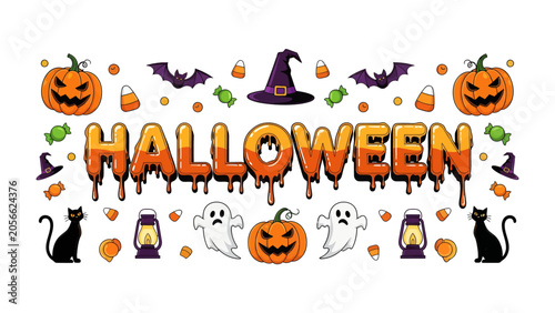 Tableau sur toile Halloween Celebration Elements: A vibrant collection of classic Halloween motifs including carved pumpkins, friendly ghosts, mischievous black cats, flying bats, witch hats, and candy corn