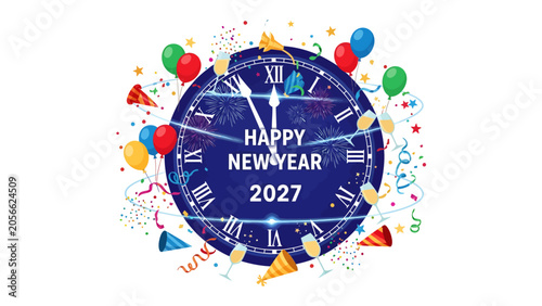 Obraz na plátně Happy New Year 2027 Clock Celebration: A festive clock face displaying Happy New Year 2027 is surrounded by colorful balloons, confetti, party hats, and champagne flutes