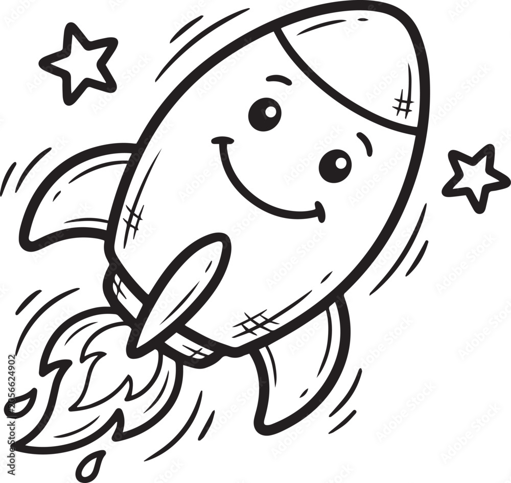 Obraz premium Smiling Cartoon Rocket Ship Blasting Off with Stars
