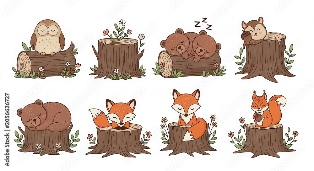 Fototapeta premium Cute Woodland Animals Collection with Fox Bear Owl and Squirrel on Tree Stumps and Logs Cartoon Illustration Set
