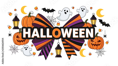 Fotografie Halloween Celebration Banner: A festive banner featuring playful ghosts, grinning pumpkins, bats, and candy corn, all centered around a bold Halloween text adorned with a colorful striped bow