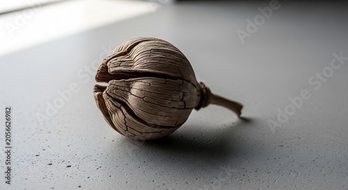 Dry brown walnut on gray surface.
