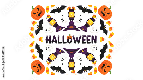 Foto Halloween Spooky Celebration: A festive collection of Halloween symbols including pumpkins, bats, ghosts, and candy corn arranged in a symmetrical pattern with the word HALLOWEEN at its center