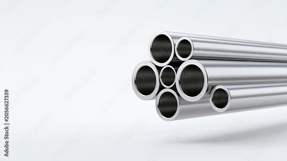 Fototapeta premium Bundle of seven hollow stainless-steel pipes with different diameters on clean light gray background for industrial material and engineering construction projects