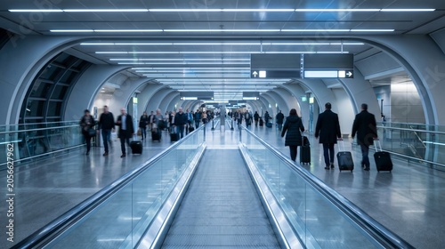 Abstract Motion Blur of People on Moving Walkway in Modern Airport Terminal