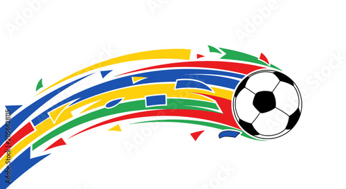 A soccer ball moves swiftly through colorful streaks of motion.