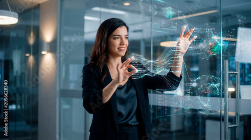 Data scientist orchestrating artificial intelligence insights through interactive analytics interface