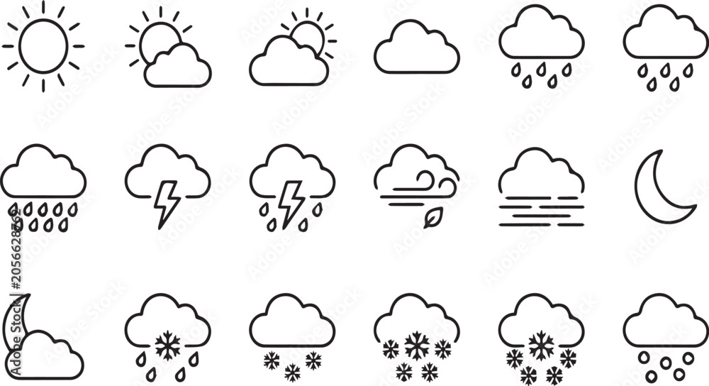 Obraz premium Set of line style weather forecast icons for modern mobile application user interfaces.
