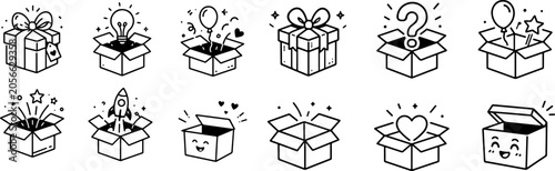 Canvastavla Line art mystery box icon set featuring gift boxes, question marks and surprise symbols for promotions, rewards and special offers