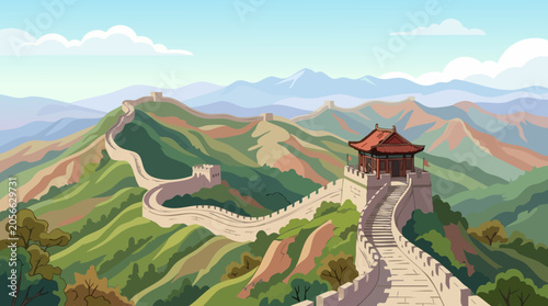 Great Wall Of China, Scenic Vector Illustration With Rolling Hills