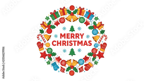 Photos Festive Christmas Wreath: A circular wreath bursting with iconic Christmas symbols like gifts, bells, snowflakes, candy canes, and mittens encircles the message Merry Christmas