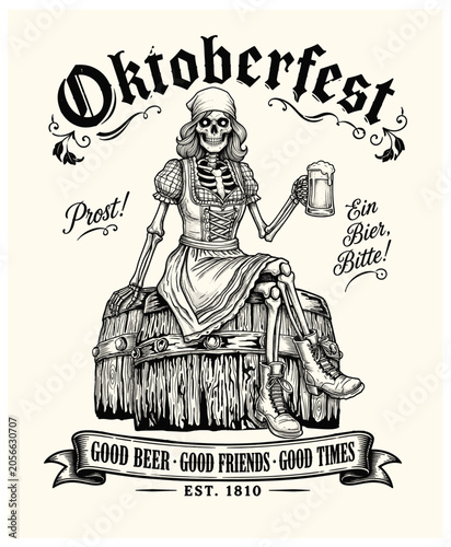 Vintage Oktoberfest Skeleton Woman in Dirndl Sitting on Beer Barrel Illustration