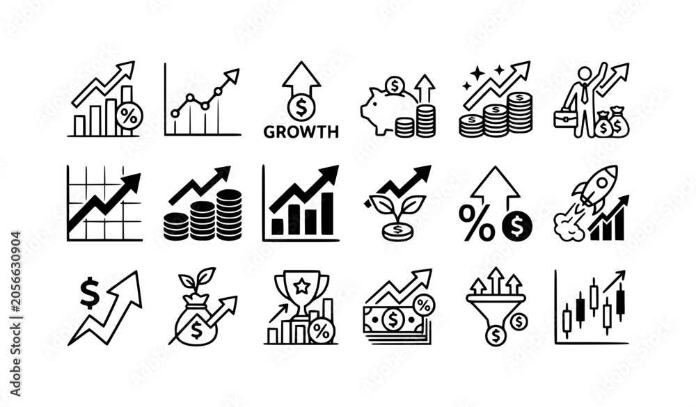 Fototapeta premium Financial growth icon set with profit charts and upward arrow symbols black and white vector