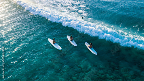 Aerial drone view of surfers seated on surfboards waiting for a wave in the middle of a Hawaiian ocean at sunset, paradise surfing concept, defocused, with copy space