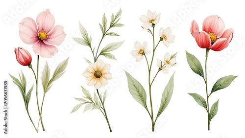 Watercolor floral bouquet illustration set of yellow Hibiscus Flowers with vibrant tropical petals, and Wishbone Flowers in soft purple and white tones for elegant botanical art

