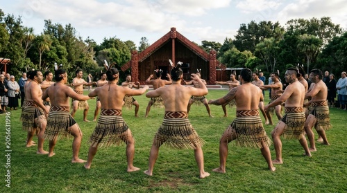 Maori haka performance on grass with warriors in traditional tattoos and woven garments performing powerful ceremonial war dance in New Zealand