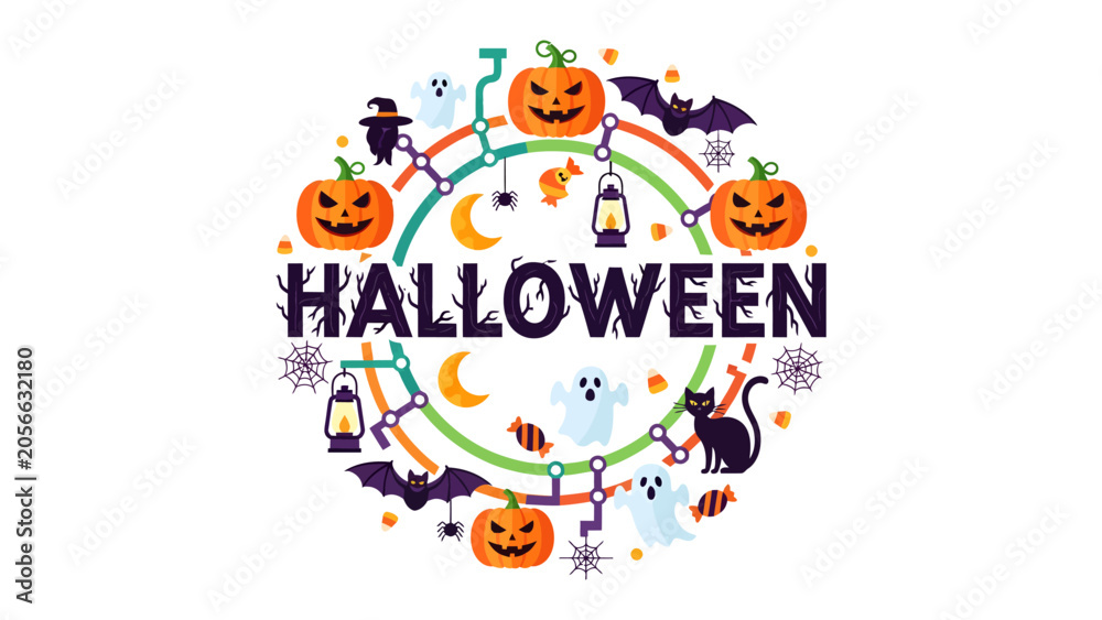 Fototapeta premium Halloween Festive Circle: A vibrant and whimsical illustration celebrates Halloween with a circular design featuring pumpkins, ghosts, bats, and lanterns.