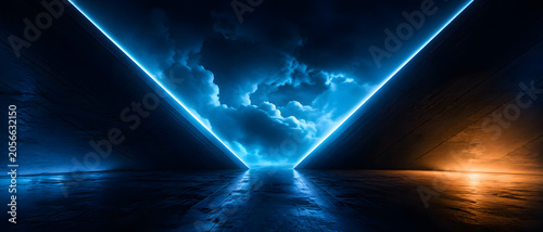 Futuristic neon clouds, architecture and tunnel with technology background, gaming stage and science fiction. Blue and orange light on floor with perspective, empty studio and portal for mystery room