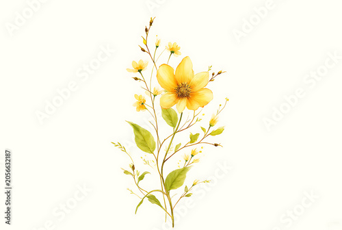 Watercolor floral bouquet illustration set of Bulbous Buttercup Flowers in bright golden yellow, Butterfly Bush blooms, and Iris Flowers in soft purple blue tones for elegant botanical art

