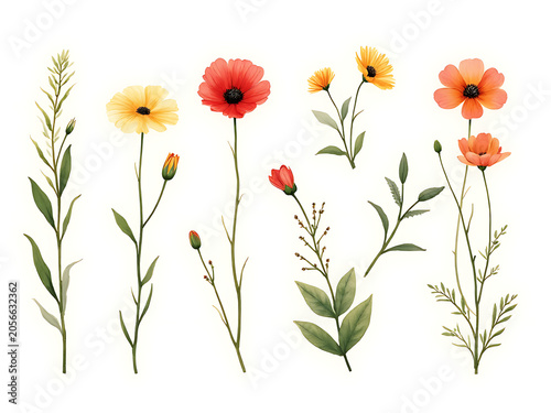 Watercolor floral bouquet illustration set of Coreopsis Flowers in bright golden yellow, Iris Flowers in soft purple blue tones, and Bulbous Buttercup blooms for elegant botanical art

