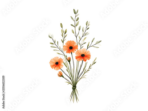 Watercolor floral bouquet illustration set of Night Blooming Jasmine Flowers in delicate white petals, and Coreopsis Flowers in bright golden yellow tones for elegant botanical art

