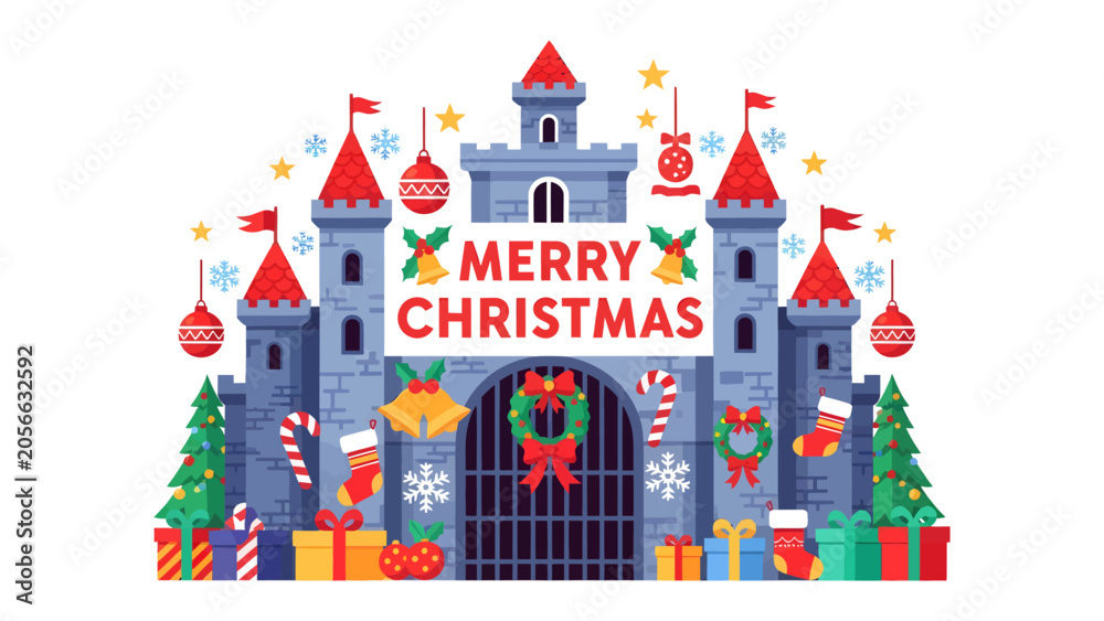 Naklejka premium Christmas Castle Celebration: A festive castle adorned with Christmas decorations, snowflakes, and holiday gifts, proudly displaying Merry Christmas for a joyful winter celebration.