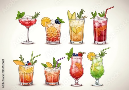 Colorful summer cocktails with fruit and straws in glasses