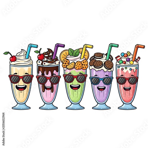 Five colorful milkshakes with cookies and fruit smiling