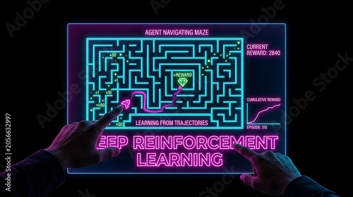Futuristic deep reinforcement learning concept with interactive digital maze interface.