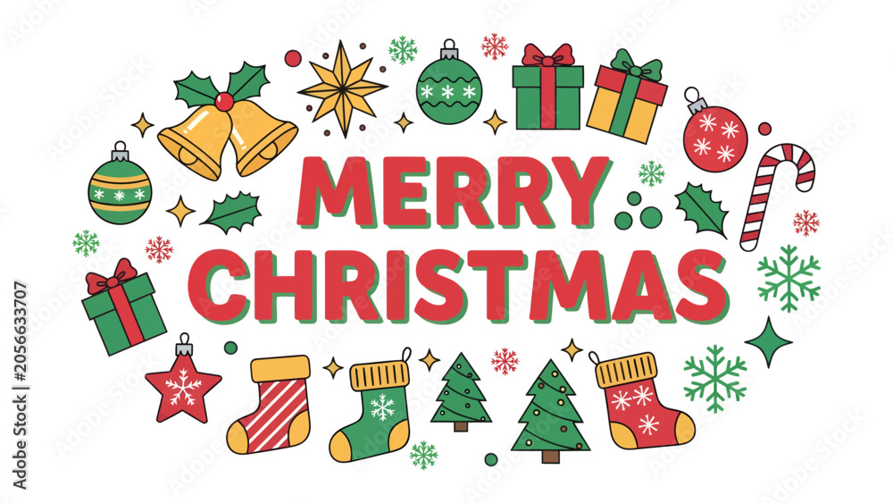 Naklejka premium Merry Christmas Illustration: A festive and colorful illustration features the words Merry Christmas surrounded by classic holiday symbols like bells, ornaments, gifts, snowflakes, candy canes.