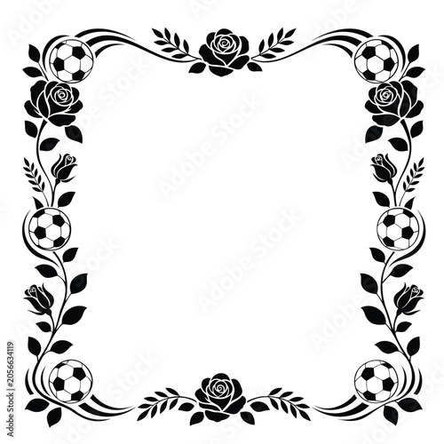 Elegant Rose Football Border Frame with Floral Soccer Ball Silhouette Vector