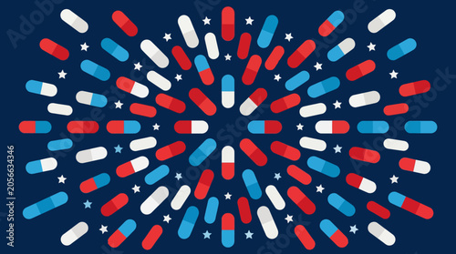 Abstract patriotic medical background with red white and blue pills radiating like fireworks on dark blue