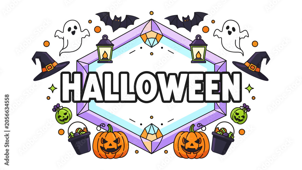 Naklejka premium Halloween Celebration Emblem: A vibrant emblem features the word Halloween set against a geometric backdrop, surrounded by spooky and festive elements like pumpkins, ghosts, bats, witch hats.