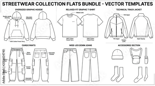 Quadro su tela Streetwear collection flats bundle vector template illustration featuring oversi