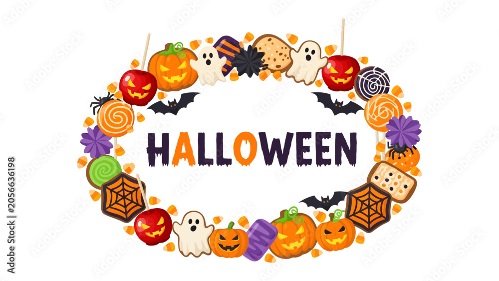 Fototapeta premium Halloween Decoration Wreath: A festive Halloween wreath adorned with pumpkins, ghosts, spiders, and candies, spelling out HALLOWEEN in the center, creating a spooky and delightful seasonal display.